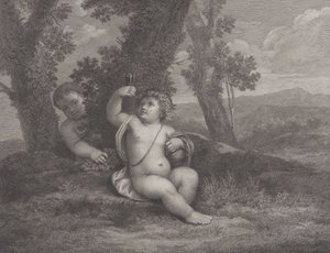 Der kleine Bacchus sitzt unter einem Baum und hält ein Weinglas hoch, mit einem weiteren Kind dahinter, 1780