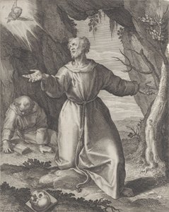 Der heilige Franziskus kniet mit ausgestreckten Armen und blickt auf einen Cherub oben links, 1599 von Raphael Sadeler