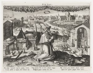 Pietas als Personifikation der Frömmigkeit (Belangrijkste bezigheden van een prins) (Schema, seu speculum principum) von Raphaël Sadeler (I)