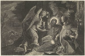 Christus wird in Gethsemane von einem Engel, dem Heiligen Dominikus und der Heiligen Katharina von Siena getröstet