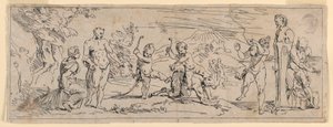 Kinder spielen mit einem Satyr