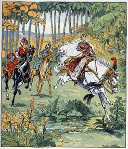 Parizade überholt seine Brüder Bahman und Pervis im Pferderennen. Illustration von Raymond de La Neziere für die Geschichte 