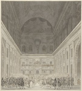 Ball im Bürgersaal des Rathauses von Amsterdam zu Ehren des Besuchs von Prinz Wilhelm V. und Wilhelmina von Preußen, Juni 1768 von Reinier Vinkeles (I)