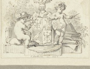 Zwei Putti mit Zirkel und Äskulapstab beim Familienwappen von Schoemaker