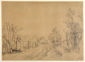 Eine Hauptstraße, die durch Bäume zu einem Haus führt (zwei Brücken und Torzugänge zum Deich) (Feder & Tinte auf braunem Papier)
