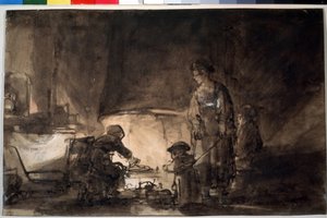 Die Küche im Haus von Rembrandt. Zeichnung von Rembrandt (1606-1669) von Rembrandt Harmensz. van Rijn