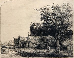 Landschaft mit drei Hütten von Rembrandt Harmensz. van Rijn