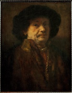Rembrandt, Selbstporträt in einem Pelzmantel mit Goldkette und Ohrring