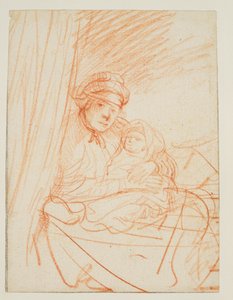 Saskia sitzt im Bett und hält ein Kind, 1635 circa