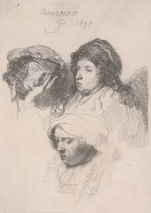 Drei Frauenköpfe, eine schlafend von Rembrandt van Rijn