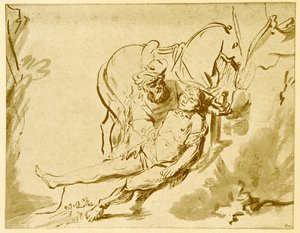 Der barmherzige Samariter untersucht den Verwundeten von Rembrandt van Rijn