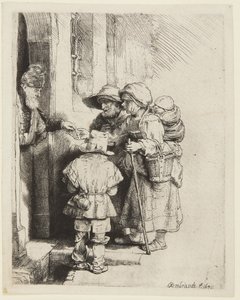 Ein blinder Drehleierspieler und Familie erhalten Almosen von Rembrandt van Rijn