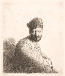 Bärtiger Mann (Rembrandts Vater?) in pelzbesetzter orientalischer Mütze und Robe: halbe Länge von Rembrandt van Rijn