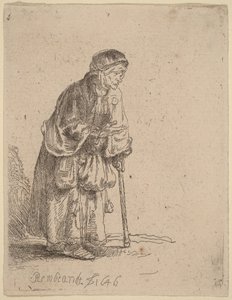 Bettlerin, die sich auf einen Stock lehnt von Rembrandt van Rijn