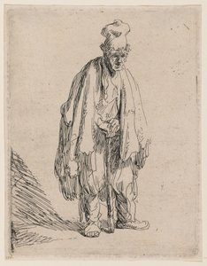 Bettler mit hohem Hut, stehend und auf einen Stock gelehnt von Rembrandt van Rijn