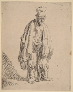 Bettler mit hohem Hut, stehend und auf einen Stock gestützt von Rembrandt van Rijn