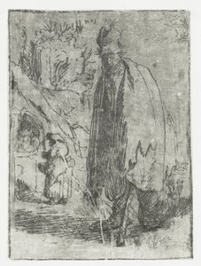 Bettler mit Hütte und zwei Figuren im Hintergrund von Rembrandt van Rijn