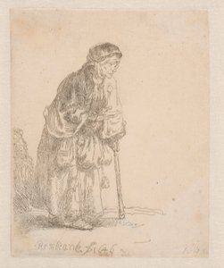 Bettlerin, die sich auf einen Stock stützt von Rembrandt van Rijn