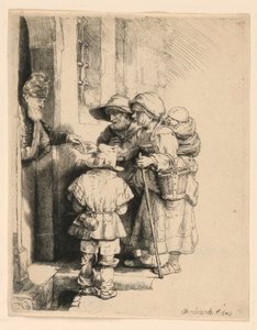 Bettler, die Almosen an der Tür eines Hauses erhalten von Rembrandt van Rijn