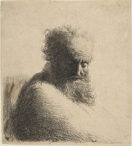 Büste eines alten bärtigen Mannes, der nach unten schaut, Dreiviertel rechts, 1631