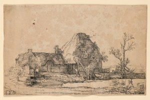 Hütten und Bauernhofgebäude mit einem Mann, der skizziert