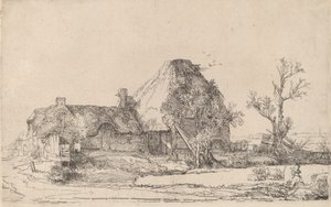Häuser und Bauerngebäude mit einem zeichnenden Mann, ca. 1645