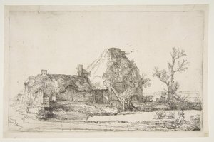 Hütten und Bauernhäuser mit einem Mann beim Skizzieren, ca. 1645