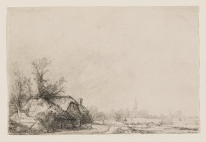 Häuser am Kanal mit Kirche und Segelboot von Rembrandt van Rijn
