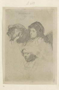 Drei Frauenköpfe, eine schlafend von Rembrandt van Rijn