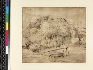 Bauernhaus unter Bäumen, mit einer Fußgängerbrücke, ca. 1650