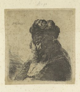 Bärtiger alter Mann mit hoher Pelzmütze und geschlossenen Augen von Rembrandt van Rijn