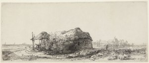 Landschaft mit Hütten und Heuscheune