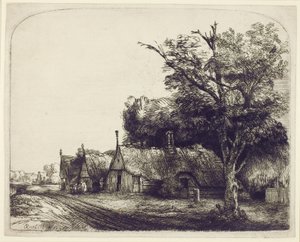 Landschaft mit Giebelhäusern an einer Straße, 1650 von Rembrandt van Rijn
