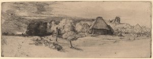 Landschaft mit Bäumen, Bauernhäusern und einem Turm
