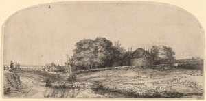 Landschaft mit Heuscheune und Schafherde