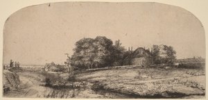 Landschaft mit einer Heuscheune und einer Schafherde