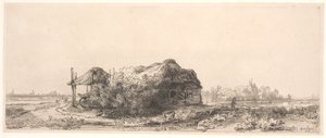 Landschaft mit einem Cottage und Heuscheune: Querformat von Rembrandt van Rijn