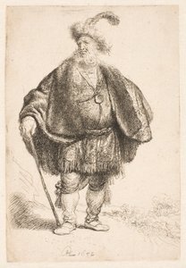 Mann in orientalischem Kostüm und gefiederter Pelzmütze