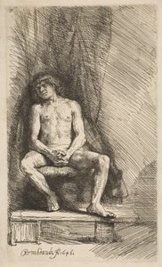 Nackter Mann vor einem Vorhang sitzend, 1646 von Rembrandt van Rijn