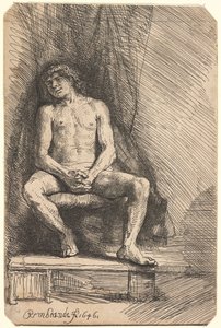 Nackter Mann vor einem Vorhang sitzend von Rembrandt van Rijn