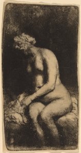 Nackte auf einer Bank mit einem Kissen (Frau badet ihre Füße an einem Bach)