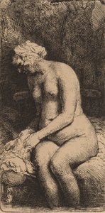 Nackte auf einer Bank sitzend mit einem Kissen, Frau badet ihre Füße an einem Bach (1658)