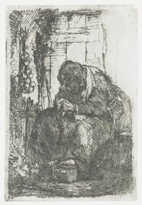 Alte Frau mit Zwiebeln, sitzend in einer Hütte von Rembrandt van Rijn