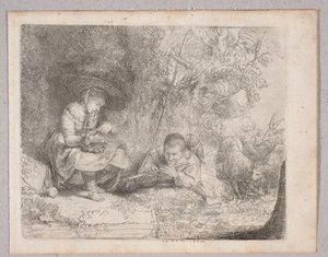 Hirte spielt Flöte (Ansicht von Omval mit Hirtin und Flötenspieler) von Rembrandt van Rijn