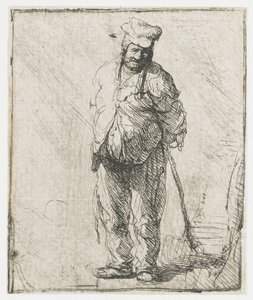 Zerlumpter Bauer mit hinter dem Rücken gehaltenem Stock von Rembrandt van Rijn