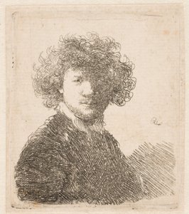 Rembrandt ohne Kopfbedeckung, mit dicken lockigen Haaren und kleinem weißen Kragen: Büste von Rembrandt van Rijn
