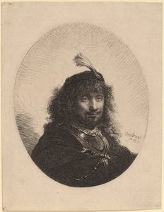 Selbstporträt (?) mit Federhut und gesenktem Säbel von Rembrandt van Rijn