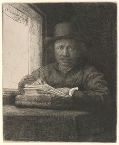 Selbstporträt Radierung am Fenster von Rembrandt van Rijn