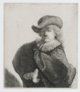 Selbstporträt mit weichem Hut und gemustertem Umhang von Rembrandt van Rijn