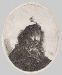 Selbstporträt mit Federhut und gesenktem Säbel von Rembrandt van Rijn